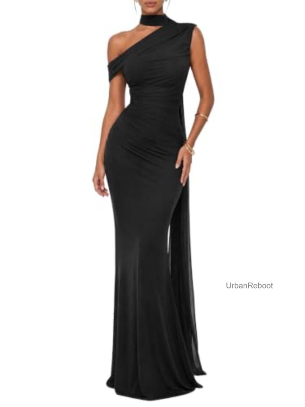 One Shoulder Mesh Ruched Formal Maxi Dress Built-In Bra Sleeveless